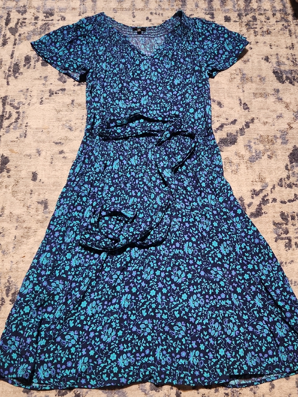 Talbots Navy and Aqua Floral Midi Dress